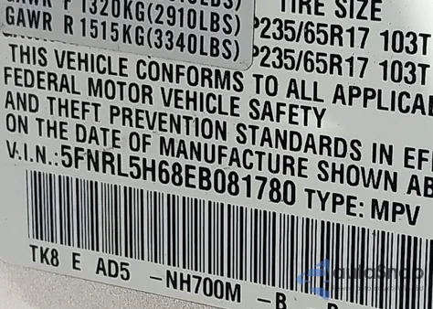 2014 Honda Odyssey Ex-L from USA, damaged, VIN 5FNRL5H68EB081780
